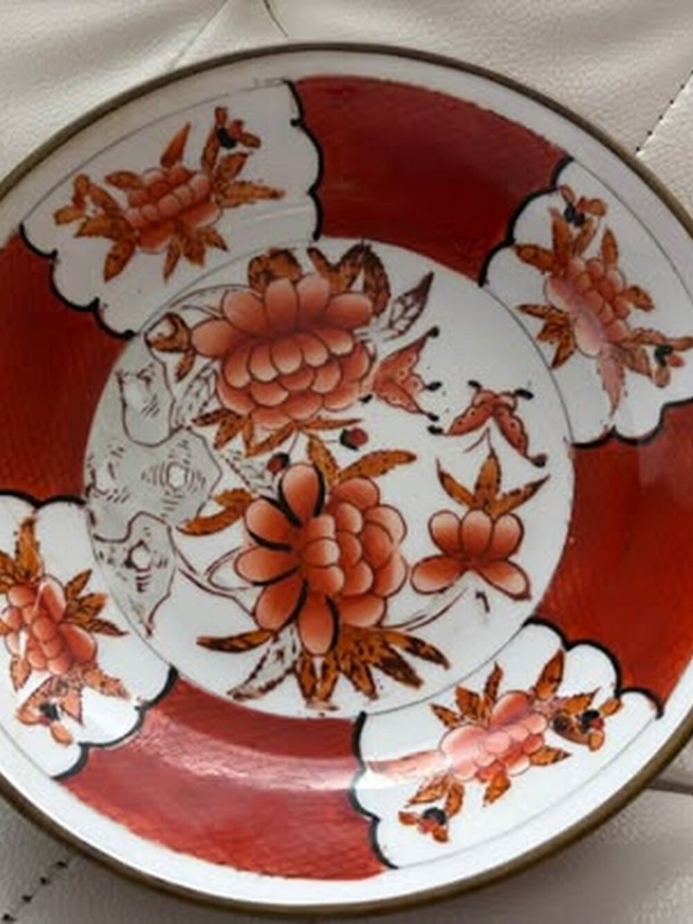 Vintage Chinese Porcelain Plate in Brass Encased Frame